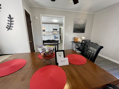 Dining room table and view into the kitchen