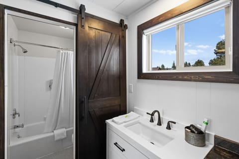 Bathroom sink separated from shower and toilet by barn style door