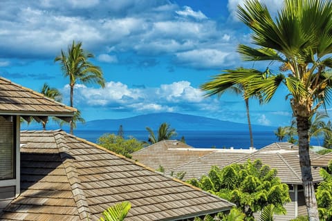 Ocean view from the property showcasing rooftops, tropical palms, and distant island mountain under dramatic blue skies.