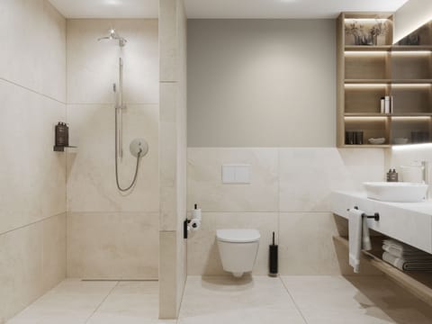 Shower, rainfall showerhead, designer toiletries, hair dryer