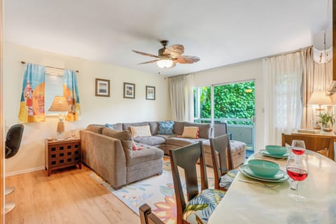 Start your day with coffee and a tropical breeze from the shaded lanai overlooking garden courtyards and palms.