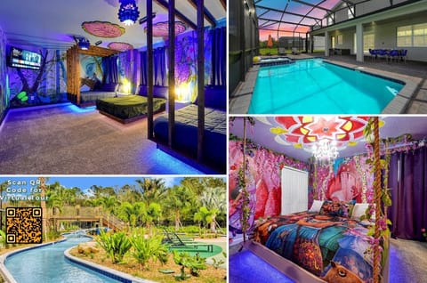 A tranquil oasis, featuring a serene pool, the soothing embrace of a lakeside view, and a vibrant and cozy bedroom. A harmonious blend of relaxation and color awaits.