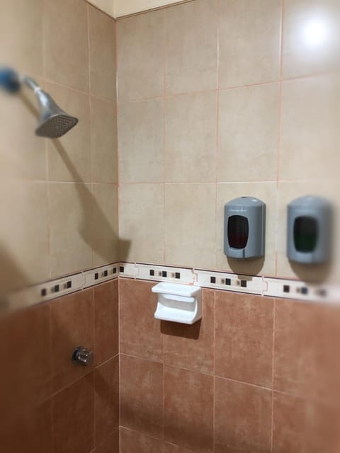 Shower, free toiletries, towels, soap