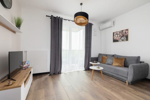 A modern living room with a gray sofa, a wooden TV stand, and large windows with sheer gray curtains, creating a bright and airy space.

