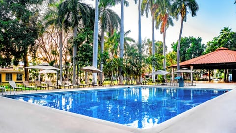 Outdoor pool, pool umbrellas, sun loungers