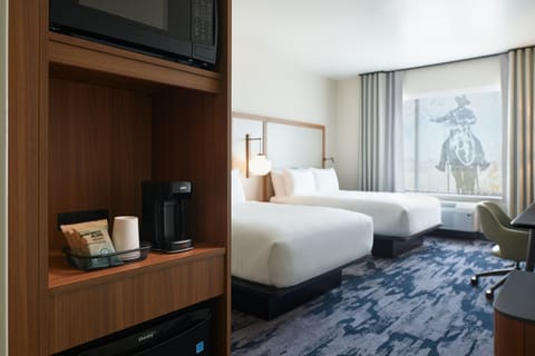 Desk, laptop workspace, blackout drapes, iron/ironing board