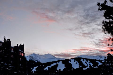 Sunset view over the mountain peaks.