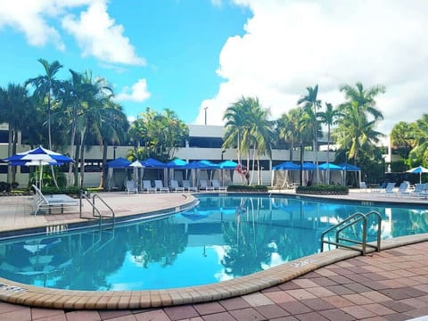 The saltwater pool is impeccably maintained.