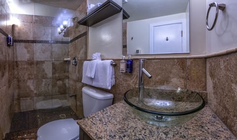 Shower, rainfall showerhead, designer toiletries, hair dryer