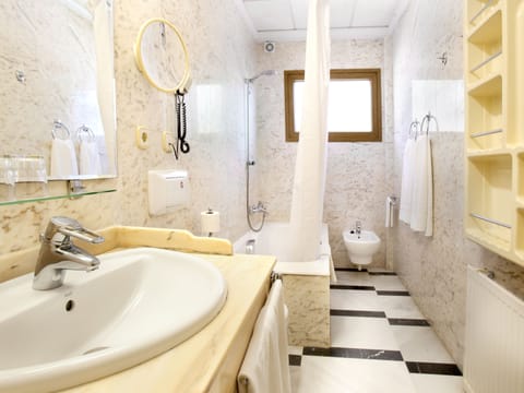 Hair dryer, towels, soap, shampoo