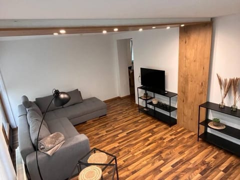 Wohnzimmer mit Schlafsofa und Fernseher im Wintergarten 