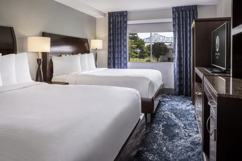 Desk, blackout drapes, bed sheets