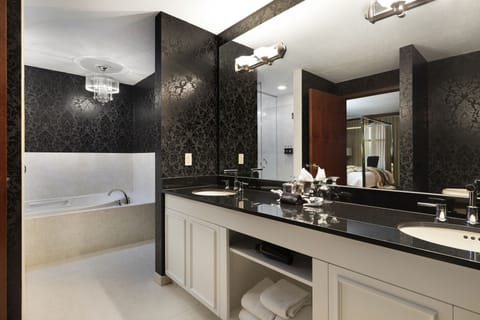 Designer toiletries, hair dryer, towels, soap