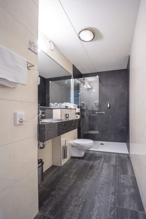 Eco-friendly toiletries, hair dryer, towels