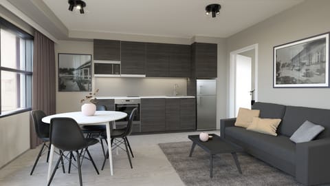 Standard Apartment, 2 Bedrooms | Private kitchen | Fridge, microwave, oven