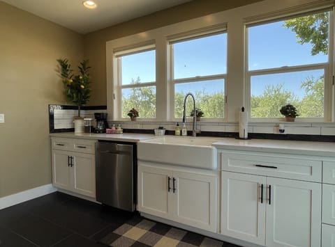 Second sink in the kitchen overlooking the backyard and almond orchard