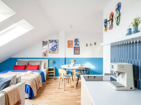Modern and colorful apartment for up to 4 people with queen size bed and convertible sofa bed