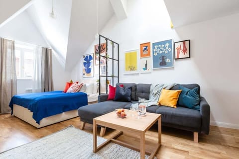 Two level apartment with queen size bed and convertible sofa in the lower level