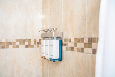 Shower, free toiletries, hair dryer, towels