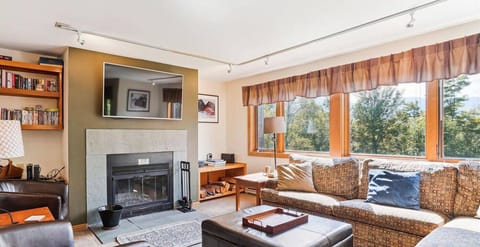 Bright main living area featuring a fireplace, large TV, comfortable seating, and beautiful natural light from oversized windows.