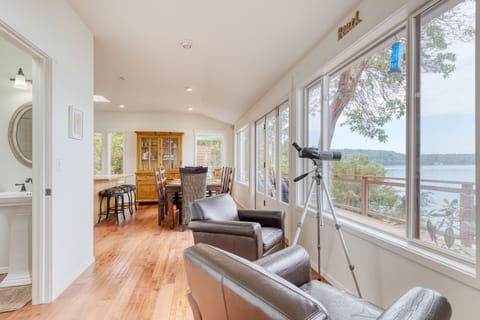 Sitting area with a telescope.