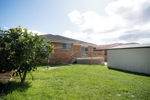 Sunny backyard featuring a spacious wooden deck, green lawn, and a private shed.