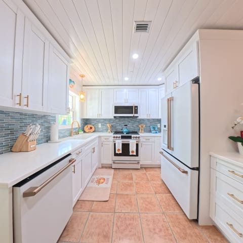 Newly renovated kitchen & bar counter boasts state of the art appliances & stock