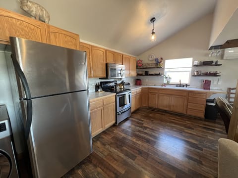 Kitchen has all the neccessities and lots of extras, crock pot, waffle maker etc