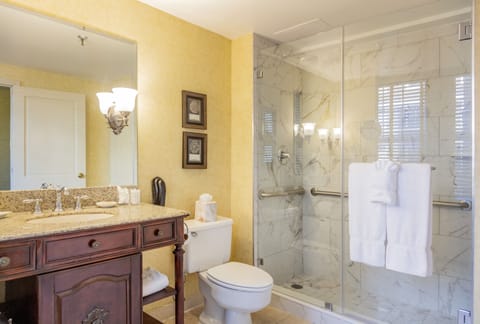 Shower, eco-friendly toiletries, hair dryer, bathrobes