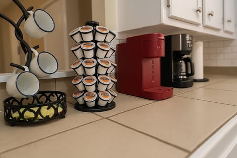 This beautiful home features a fully equipped kitchen like coffee, coffee maker.