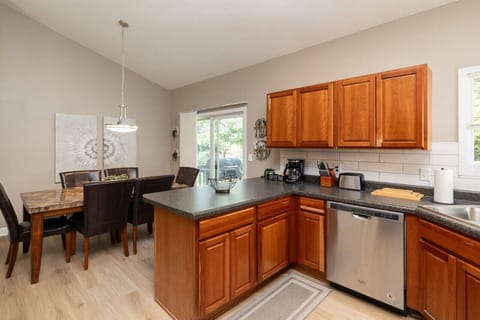 Full kitchen with all appliances, silverware, plateware, cups & mugs, pots & pans, Toaster, knife set, free coffee & more!