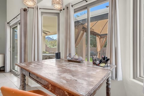 This kitchen nook invites you to settle in with a laptop, coffee, or book.