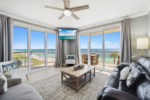 Oceanfront balcony with panoramic Gulf views — your front-row seat to PCB’s emerald waters.