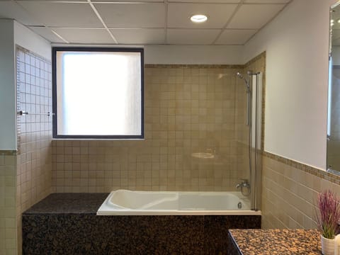 Combined shower/tub, rainfall showerhead, eco-friendly toiletries, bidet