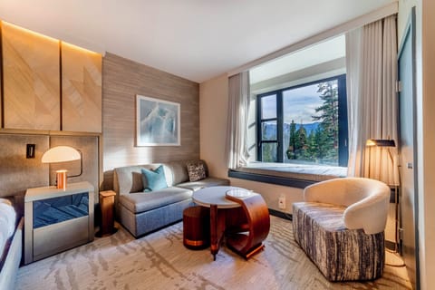 Living room with seating area and queen-sized sleeper sofa.