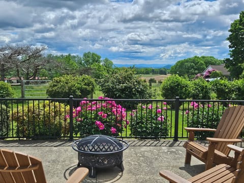 Early Summer view with bright pink peonies and vibrant blue mountain views!