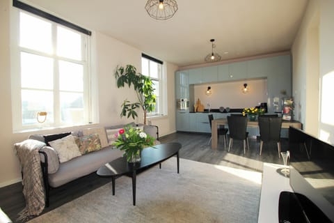 Spacious yet cosy  living room with luxury kitchen. Lots of natural daylight.