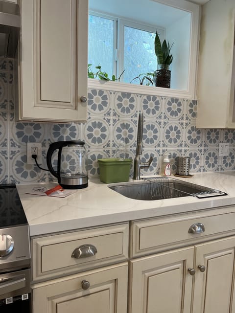 Kitchen sink with new composite countertops, disposal and removable faucet.
