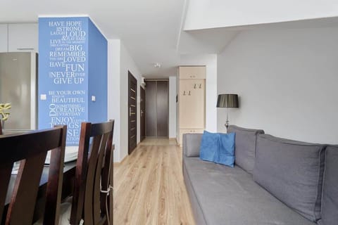 A bright hallway leading to the living room, featuring wooden flooring, a dark dining table, and a cozy sofa in the distance.
