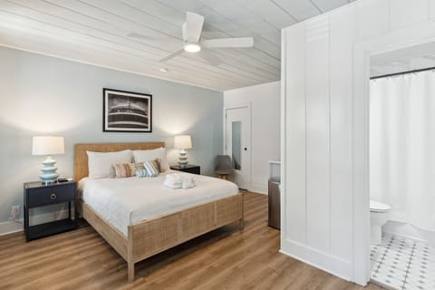 Queen Bed and Bathroom