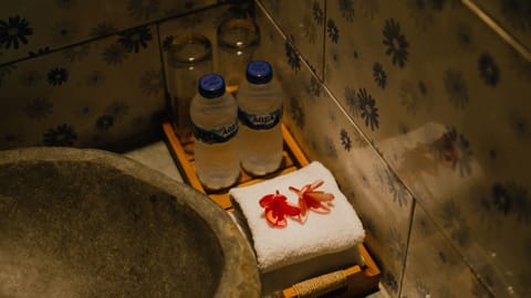 Deluxe Double Room | Bathroom | Shower, rainfall showerhead, hair dryer, towels