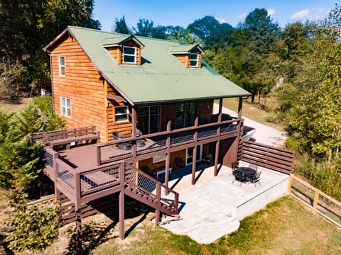 Exterior drone shot of our large deck and patio.