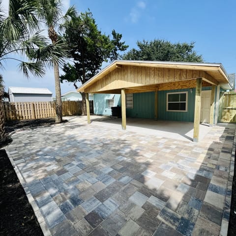 Backyard with covered porch