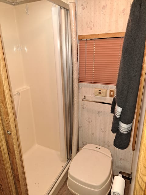 bathroom with camode w/ fan shower and towels n tissues 