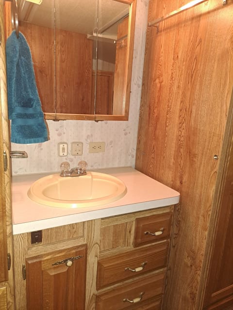 vanity area With hand soaps n towels