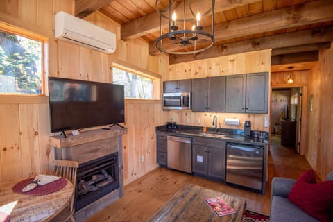 Fireplace, big screen TV...