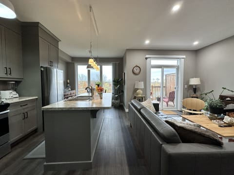 Open concept kitchen, dining and living room.