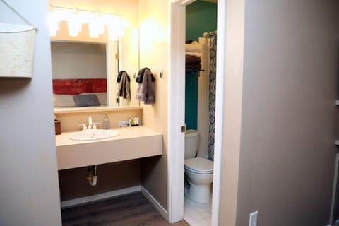 Full bath with basic toiletries provided.