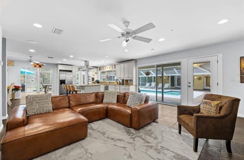 Hang out in our living room and open kitchen.