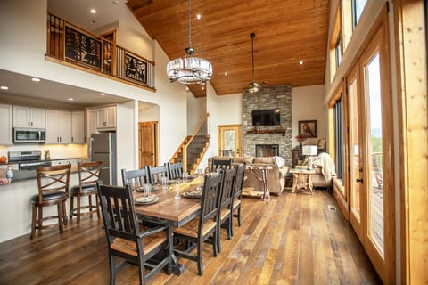 Open concept design for dining, kitchen and living room. 